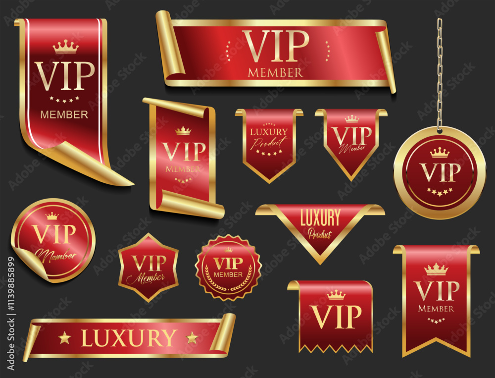 Fototapeta premium VIP and premium emblem red and gold isolated on black background stock illustration 