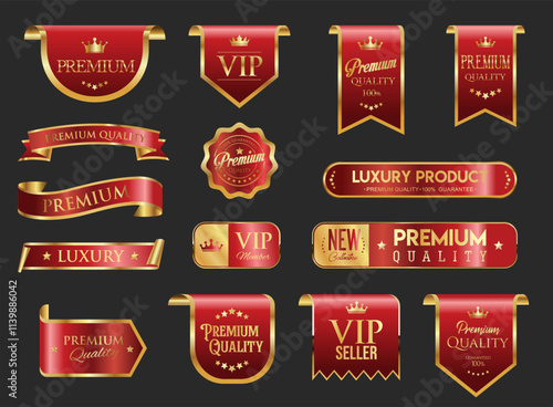 VIP and premium emblem red and gold isolated on black background stock illustration 