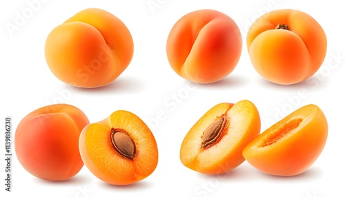 A set of Apricot fruit isolated on a white background. It includes whole,halved and slice, all with full depth of field. --ar 7:4