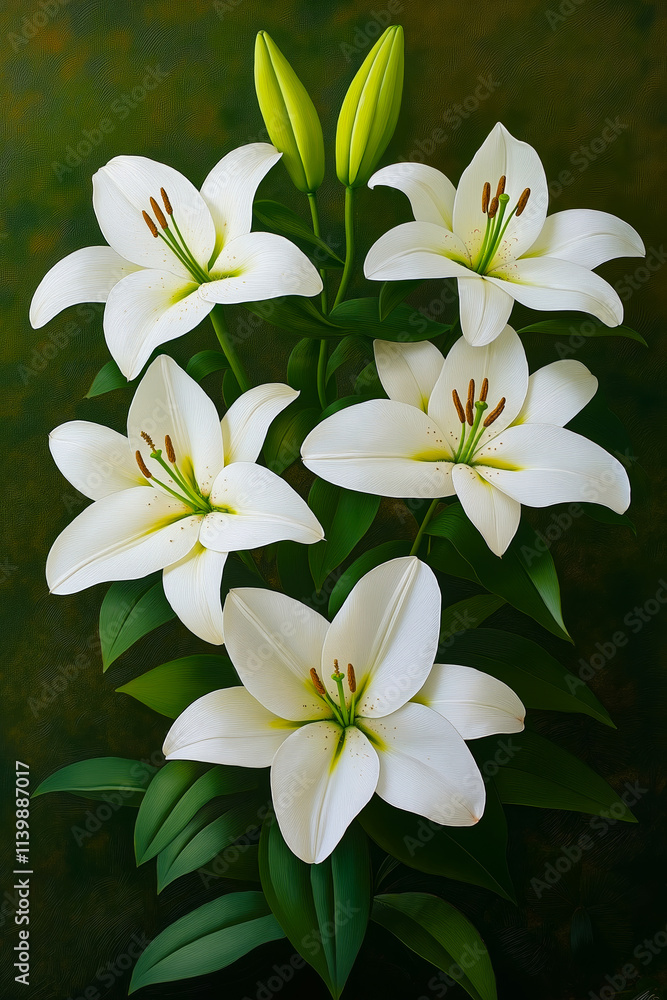 Fototapeta premium A painting of white lilies on a green background