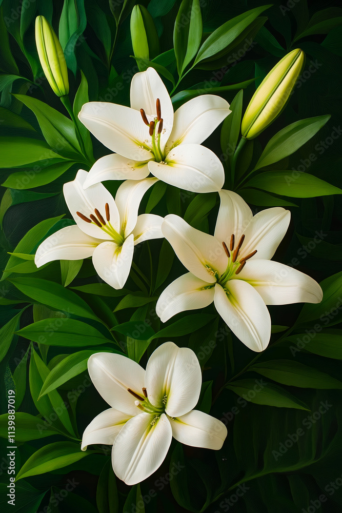A bunch of white lilies with green leaves on a black background A bunch of white lilies with green leaves on a black background