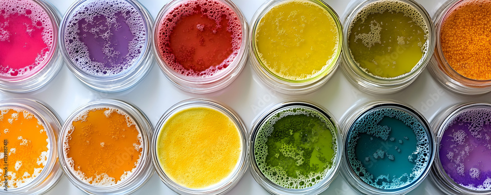 Vibrant Colorful Liquids in Glass Jars, a Spectrum of Hues, Showing a Range of Colors and Textures. A Colorful Display of Bubbly Concoctions. Vibrant Colorful Liquids in Glass Jars, a Spectrum of Hues, Showing a Range of Colors and Textures. A Colorful Display of Bubbly Concoctions.
