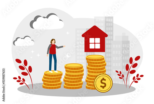Buying real estate. The concept of mortgage and earning money for real estate. The woman saved money for her own house