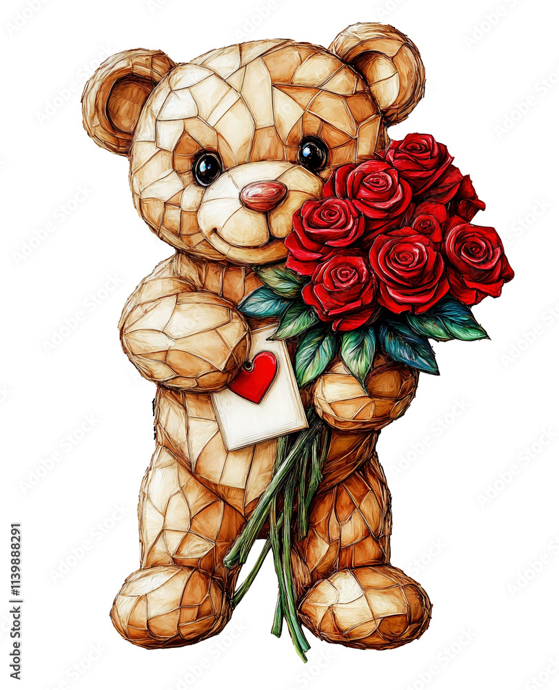 Cute teddy bear holding a bouquet of red roses, illustration for Valentine's Day card on a white background. Cute teddy bear holding a bouquet of red roses, illustration for Valentine's Day card on a white background.