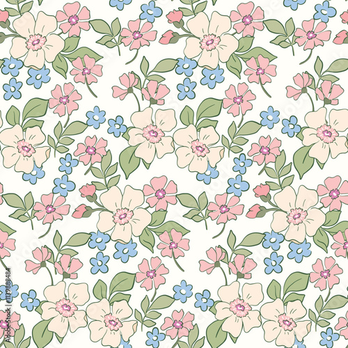 Seamless floral pattern, romantic ditsy print in delicate pastel colors. Cute botanical design of pretty small hand drawn flowers, tiny leaves, simple bouquets abstract. Vector illustration.