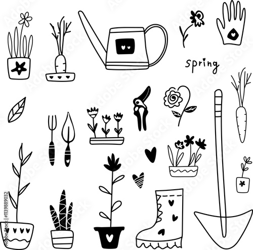 Set of gardening tools and elements in doodle style in vector.