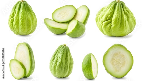 A set of Chayote isolated on a white background. It includes whole,halved and slice, all with full depth of field. --ar 7:4