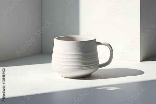 A white ceramic mug with a textured, wavy design sits on a white surface, illuminated by natural light. The shadows cast by the mug add depth to the image.
