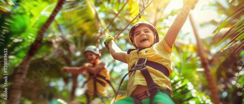 A joyful child zip-lining through a lush tropical forest on a sunny day.