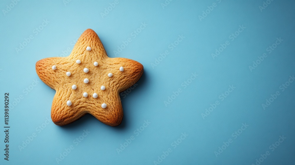 Single gingerbread star cookie on light pastel blue background Single gingerbread star cookie on light pastel blue background