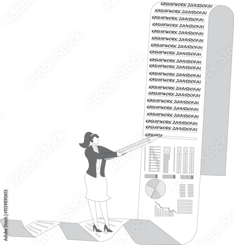 Businesswoman writing project report and plan, businesswoman holding pencil and writing while standing on scattered documents, paperwork