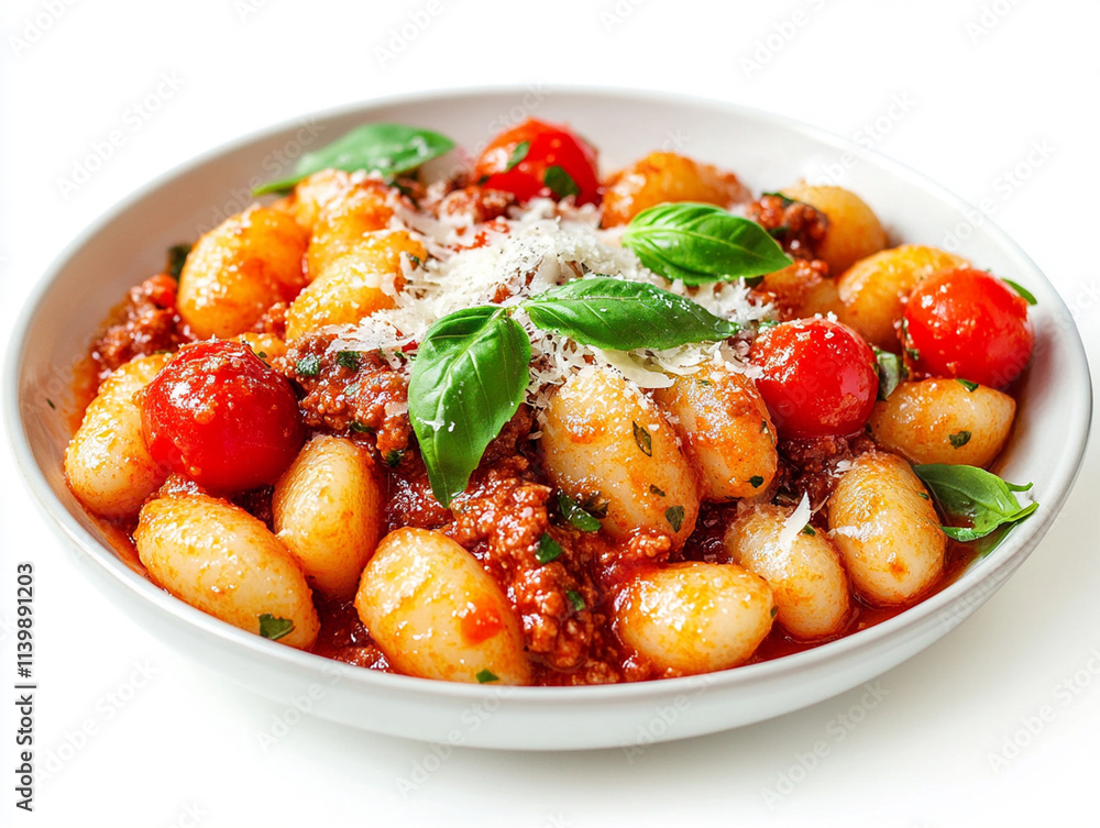 A delicious plate of gnocchi topped with tomato sauce, basil, and cheese. A delicious plate of gnocchi topped with tomato sauce, basil, and cheese.