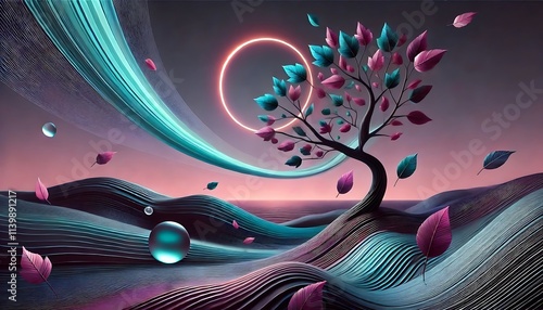 Surreal Landscape with Vibrant Tree, Flowing Lines, and Glowing Ring photo