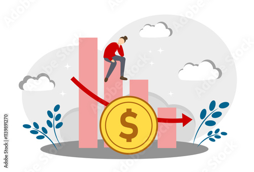 A woman is sitting on a coin. Inflation. The Concept of Bankruptcy, Financial Failure and Financial Downturn
