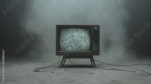 Wallpaper Mural A vintage television set with static on the screen placed on a wooden table, symbolizing retro technology, nostalgia, and the evolution of television, evoking a sense of the past and the early days of Torontodigital.ca