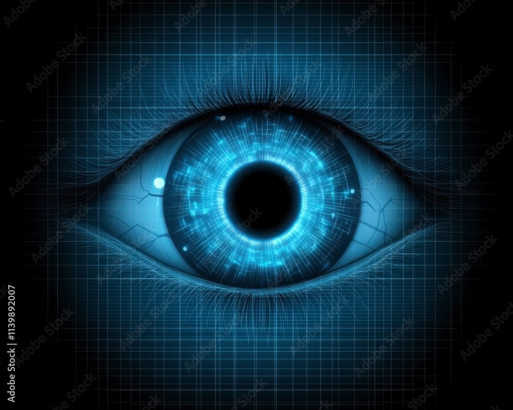 Futuristic glowing blue eye with digital grid. Futuristic glowing blue eye with digital grid.