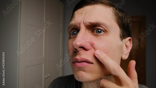 A young man notices a pimple on his face and examines it with dissatisfaction in a home setting. Concept of problematic skin.