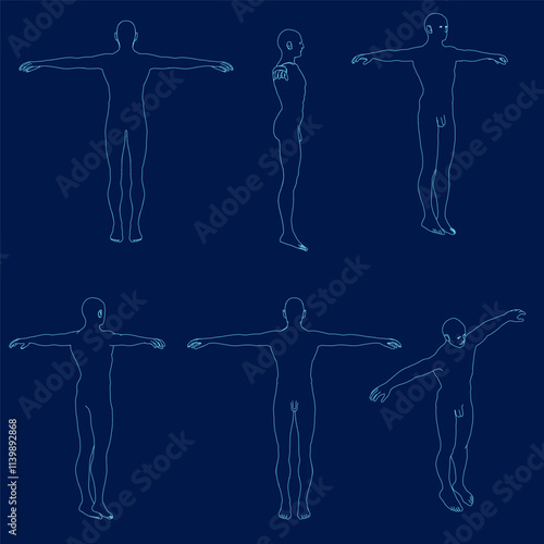 Male body mannequin. Template for fashion sketch ideas of men's clothing. Fashion design. Front, isometric, side and back view outline vector illustration