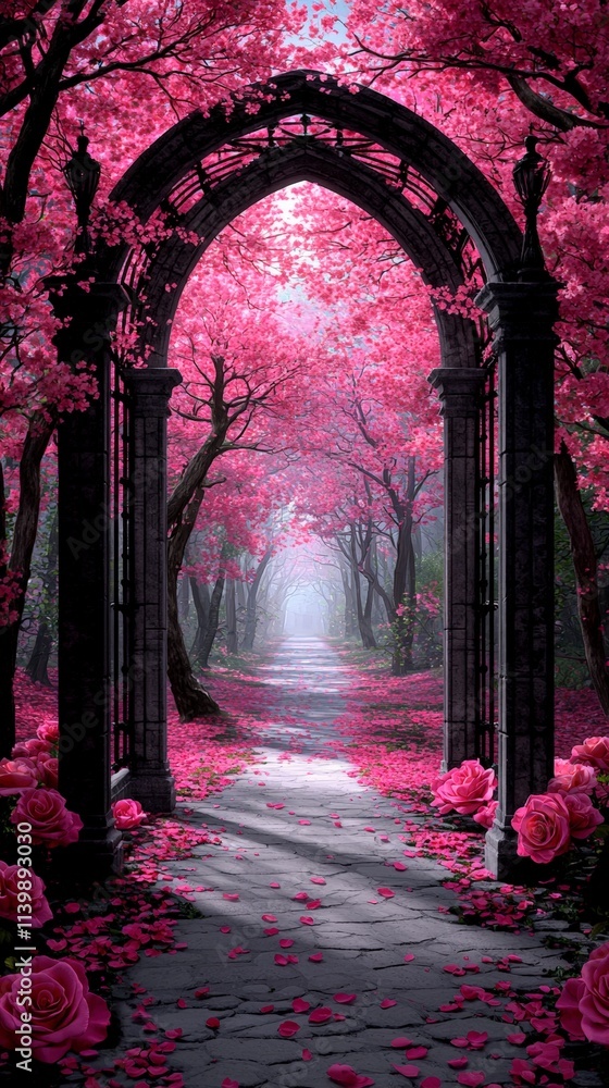Obraz premium Pink Blossom Archway Romantic Garden Path Stone Walkway Roses Floral Fantasy