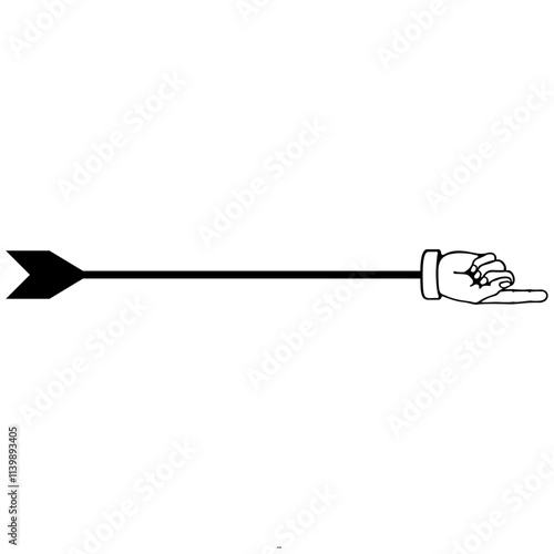 Retro Black Arrow with Pointing Hand Icon, Vintage Horizontal Directional Symbol on White Background