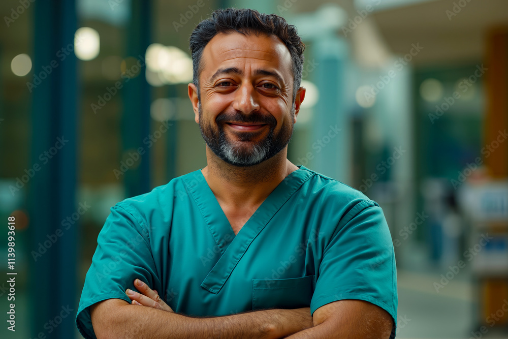 A man in scrubs standing in a hospital hallway with his arms crossed A man in scrubs standing in a hospital hallway with his arms crossed
