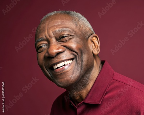 Cheerful senior man smiling against burgundy background, confidence, close-up portrait