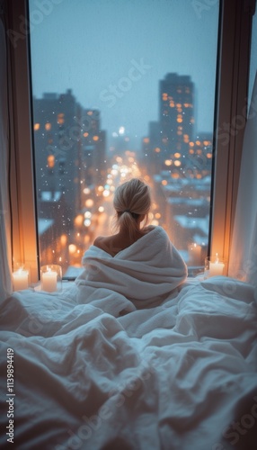 A woman sit on her bed, Cozy evening by the window with city lights