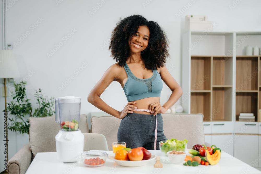 Smiling woman in a modern kitchen with fresh fruits, vegetables, blender, and orange juice, promoting clean eating, wellness Smiling woman in a modern kitchen with fresh fruits, vegetables, blender, and orange juice, promoting clean eating, wellness