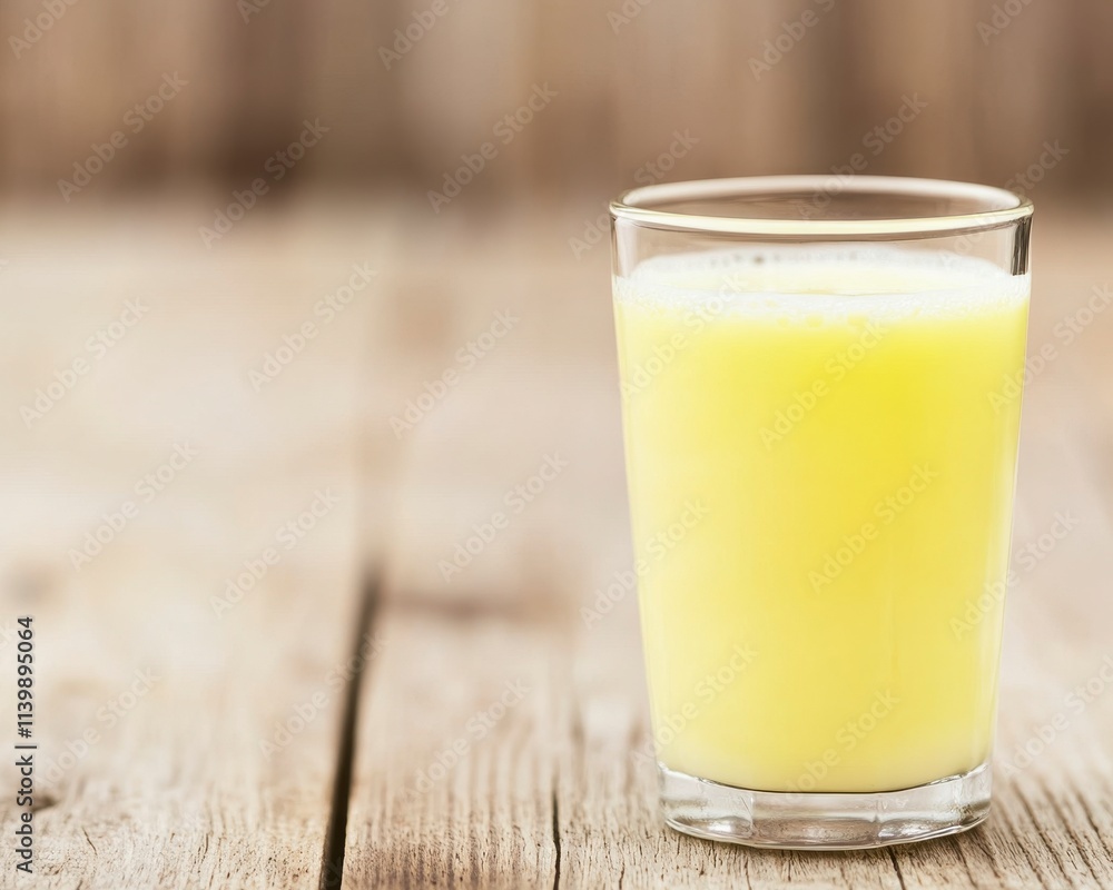 Glass of fresh yellow juice on wooden table. Glass of fresh yellow juice on wooden table.
