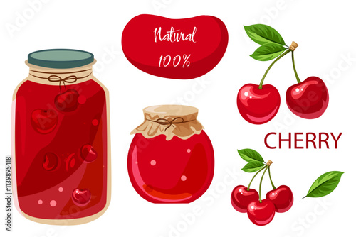 Illustration of cherry compote and jam. Set of elements. Vector set of food illustrations