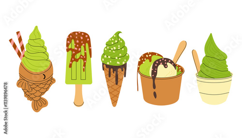 Set vector illustrations matcha flavored ice cream. Ice cream on stick and waffle cone. Taiyaki. For menu design, food blogs, prints and postcards.