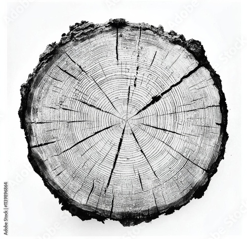 Black and white stamp of wood texture of tree rings from a slice of log. Negative image of cut tree. , isolated on white background,  , copy space, copy space for text,