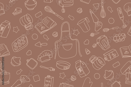 Fashionable seamless pattern of accessories for pastry chef, cook. baking supplies. Set of kitchen utensils for cooking in doodle style on background of color 2025 Mocha Mousse. Vector illustration