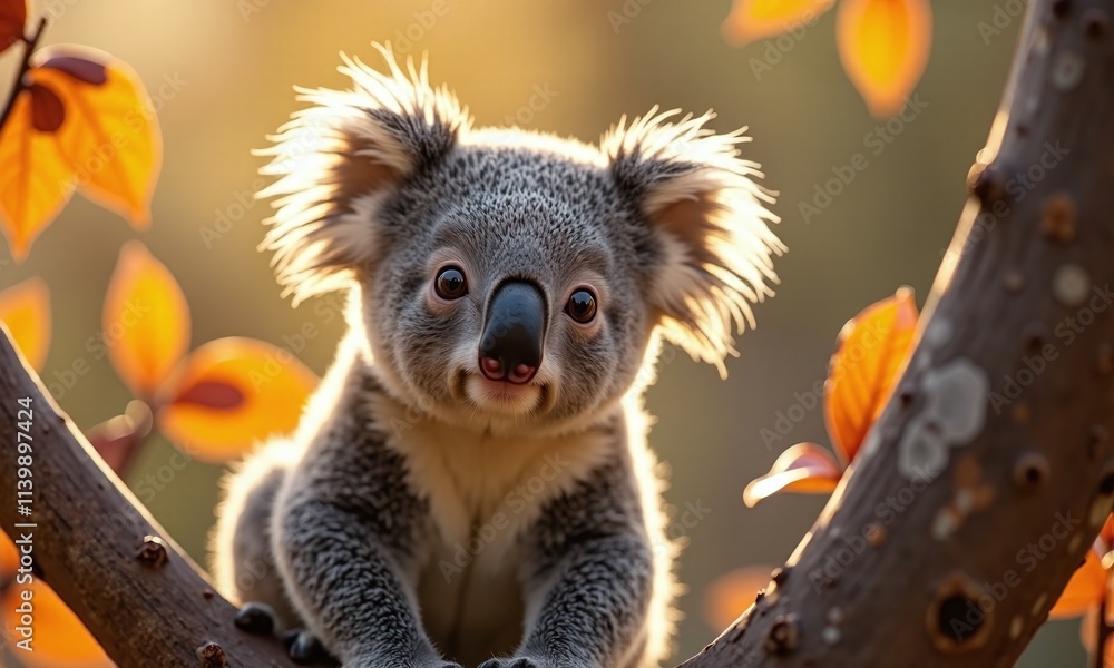 Fototapeta premium Adorable koala tree branch autumn leaves golden sunlight