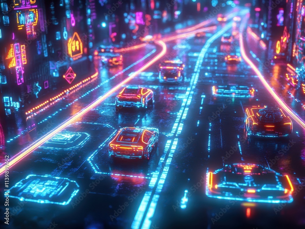 Futuristic cityscape with neon-lit roads and glowing vehicles. Futuristic cityscape with neon-lit roads and glowing vehicles.