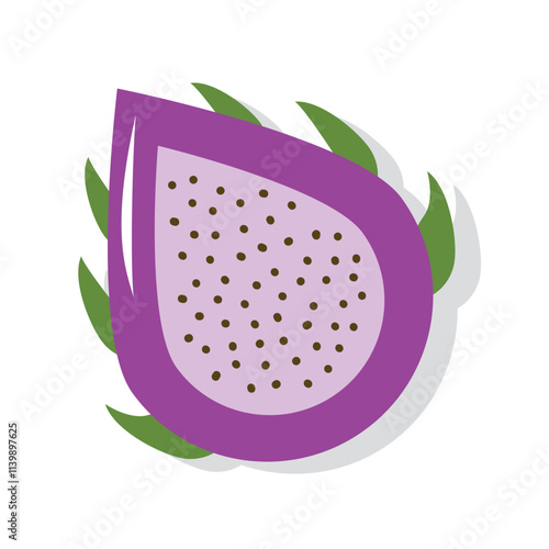 Dragon fruit illustration. Half dragon fruit. Fresh food. Slice fruits. Tropical fruits. Pitaya. Dragon fruit seeds. 