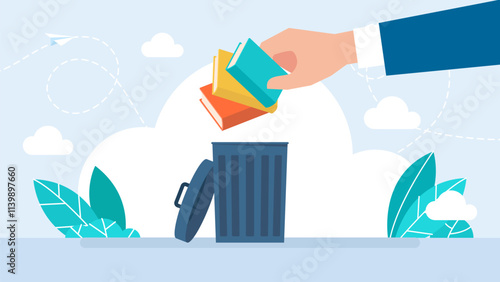 A man throws books into the trash. Book in the trashcan. Cartoon illustration of a hardcover books sticking out of a garbage can full of rotting trash. The concept of illiteracy. Vector illustration