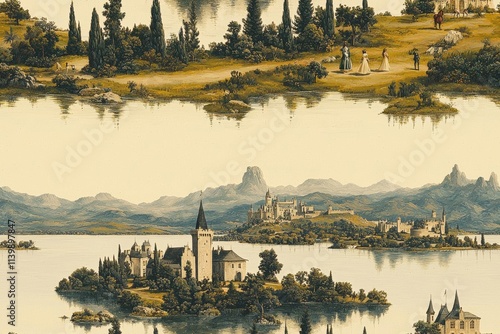 hyper realistic photo of  Pattern in toile de jouy stile with landscape with castles