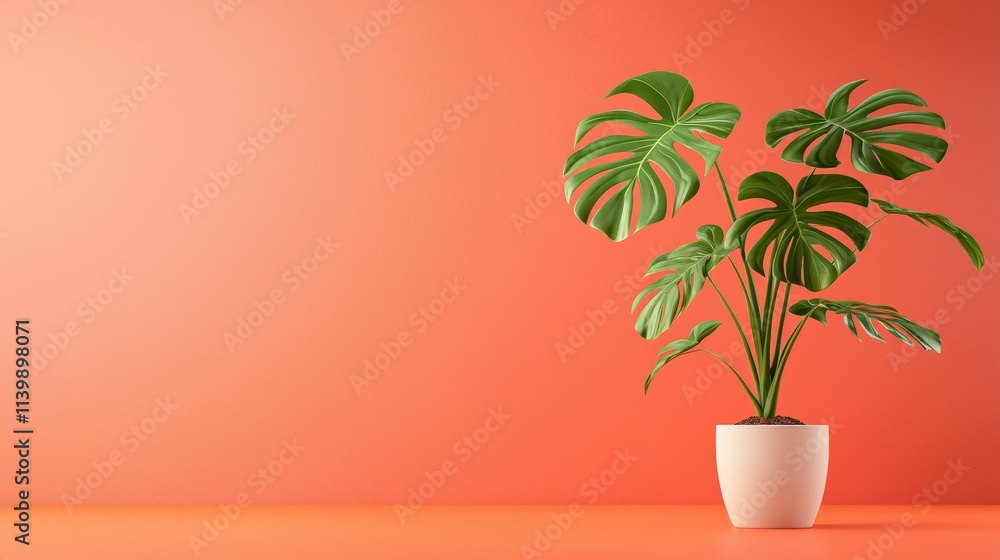 background concept. A vibrant green plant in a white pot against a coral background. background concept. A vibrant green plant in a white pot against a coral background.