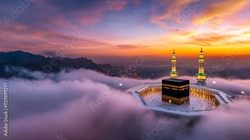 Kaaba Elevated Above Clouds at Twilight with Fiery Orange and Purple Sky