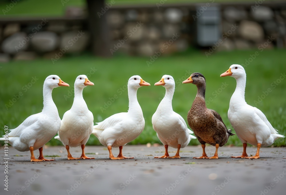 Five Ducks: White Geese and Brown Duck in Park
Five Ducks: White Geese and Brown Duck in Park