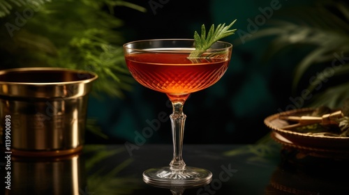 Manhattan cocktail concept. Tasty liquid and beverage for summer season. Alcoholic drink. alcohol cocktail in a coupe glass
