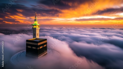 Kaaba Elevated Above Clouds at Twilight with Fiery Orange and Purple Sky
