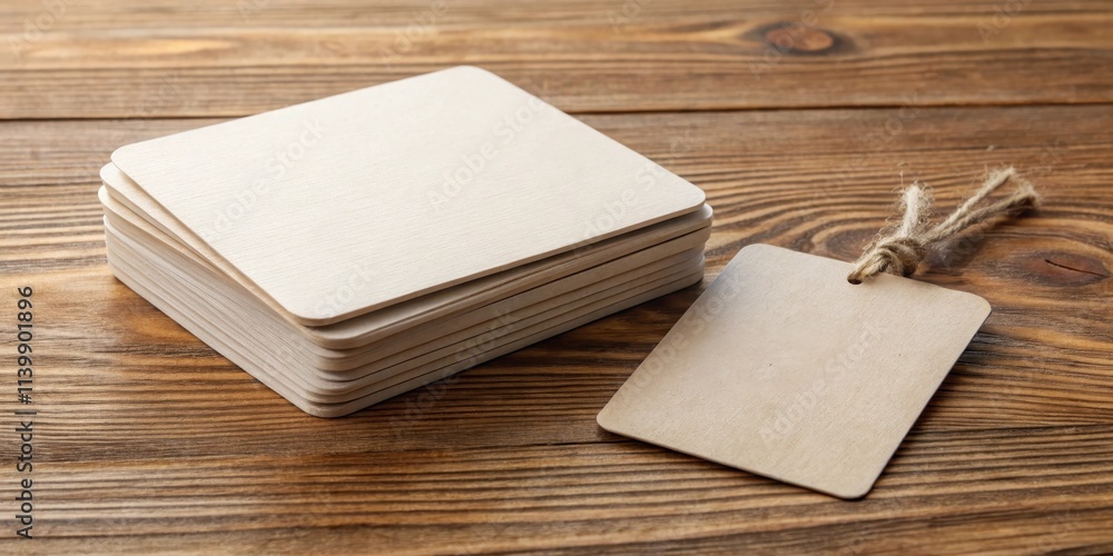 Fototapeta premium Stack of blank square coasters with folded paper tag, coasters, blank, square, stack, paper tag, white, tabletop, template
