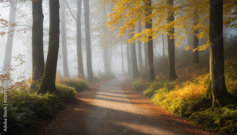 Obraz premium Misty Autumn Forest Path in the Morning