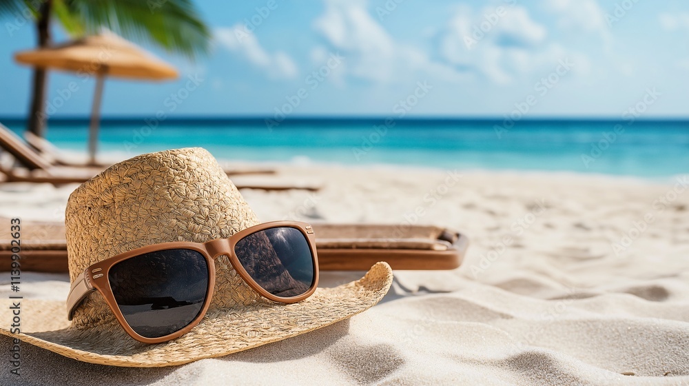Embrace the Essence of Summer: A Relaxing Getaway Scene Featuring Sunglasses and a Straw Hat on a Sandy Beach with Crystal Clear Water
