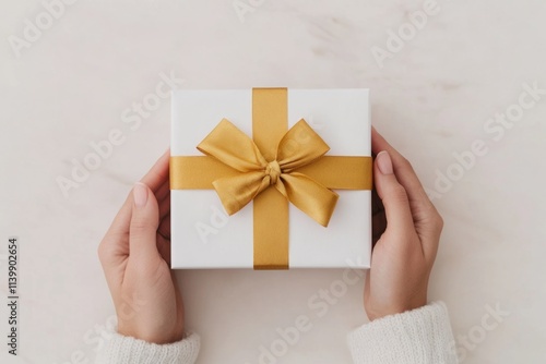 Hands holding gift box with gold ribbon on beige table
 photo