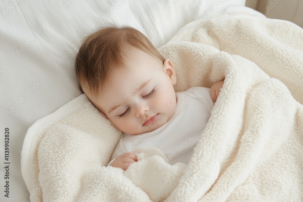 A serene baby sleeping under a soft cream blanket on a white bed, evoking warmth, care, and comfort in a tranquil setting
A serene baby sleeping under a soft cream blanket on a white bed, evoking warmth, care, and comfort in a tranquil setting