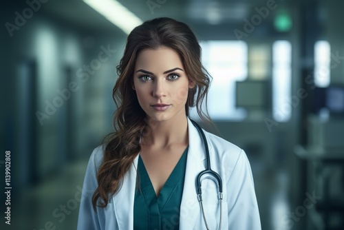 Portrait of a confident young female doctor standing in a hospital corridor, wearing a white coat and stethoscope