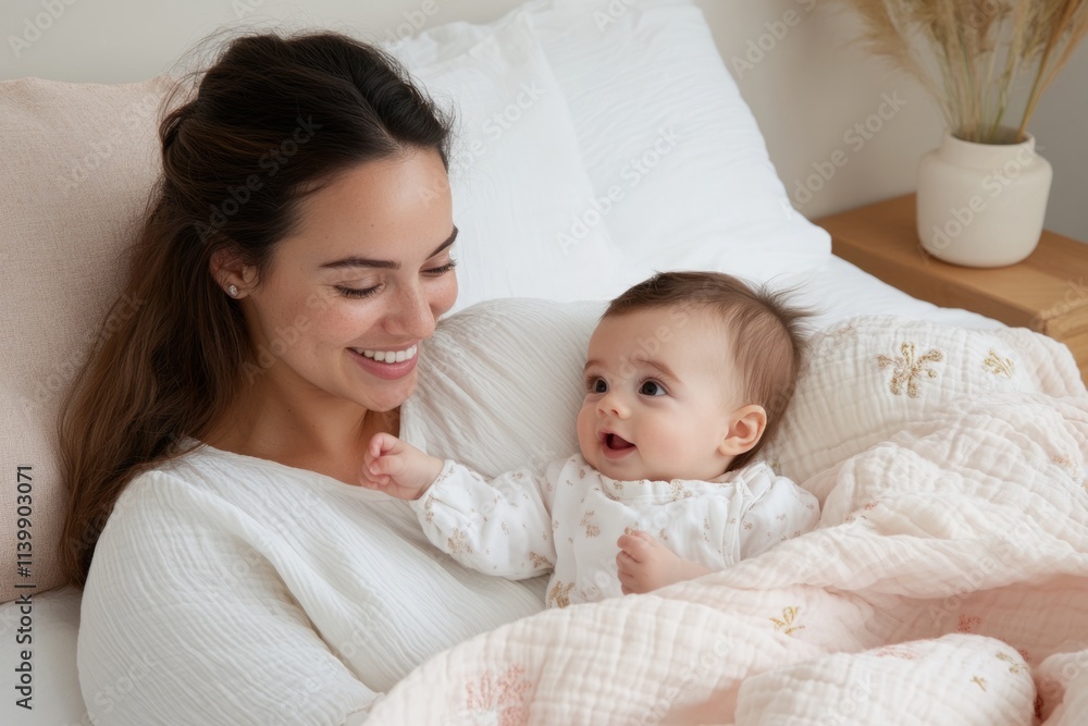 A mother tenderly holding her baby with a white bow on a light background. Gentle, loving, peaceful motherhood concept A mother tenderly holding her baby with a white bow on a light background. Gentle, loving, peaceful motherhood concept